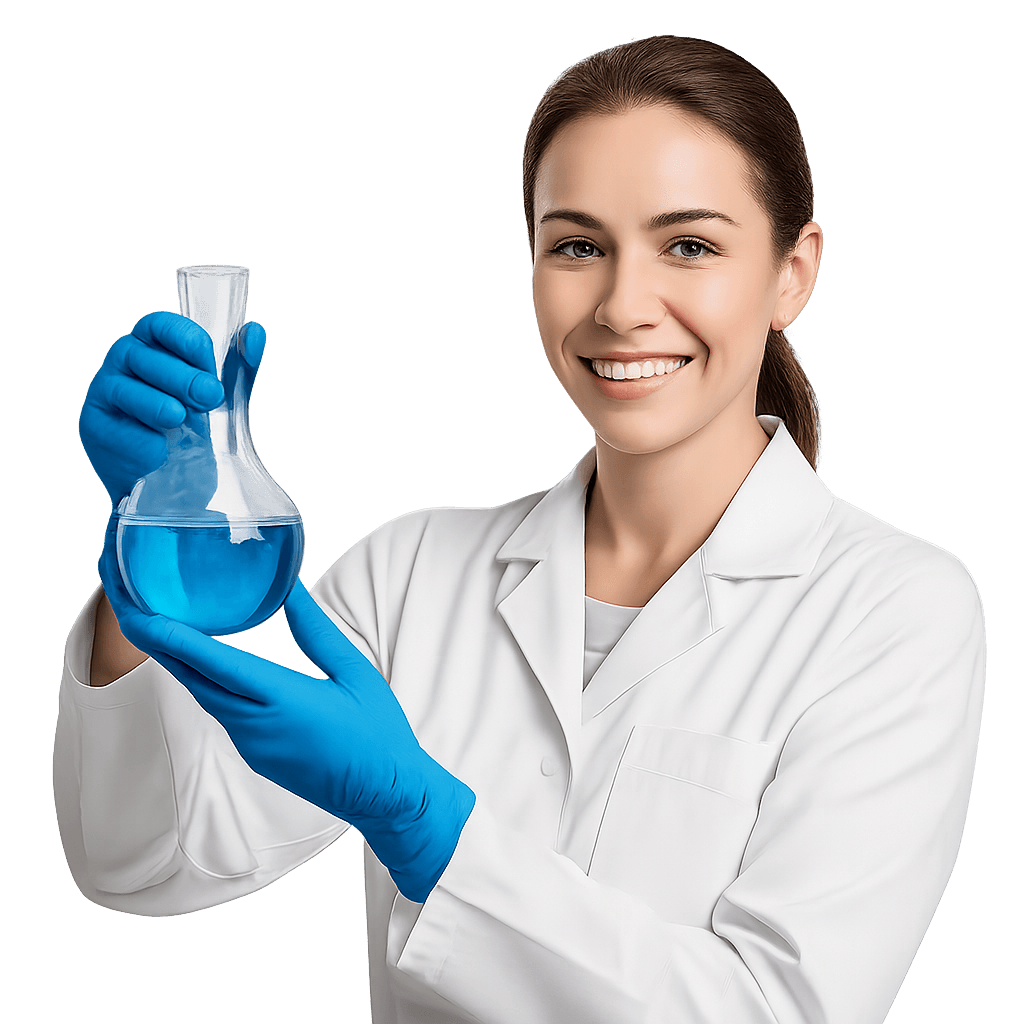 Lab technician holding a blue flask