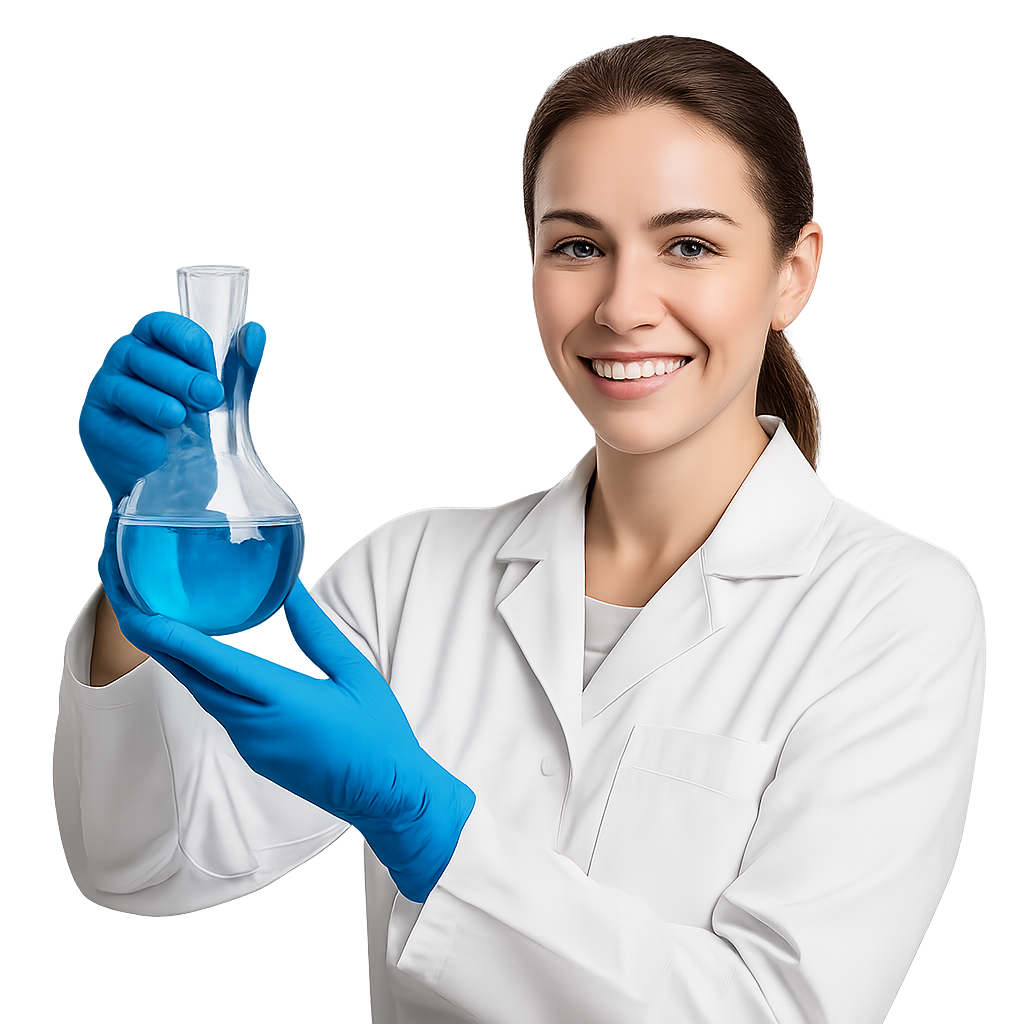 Lab technician holding a blue flask